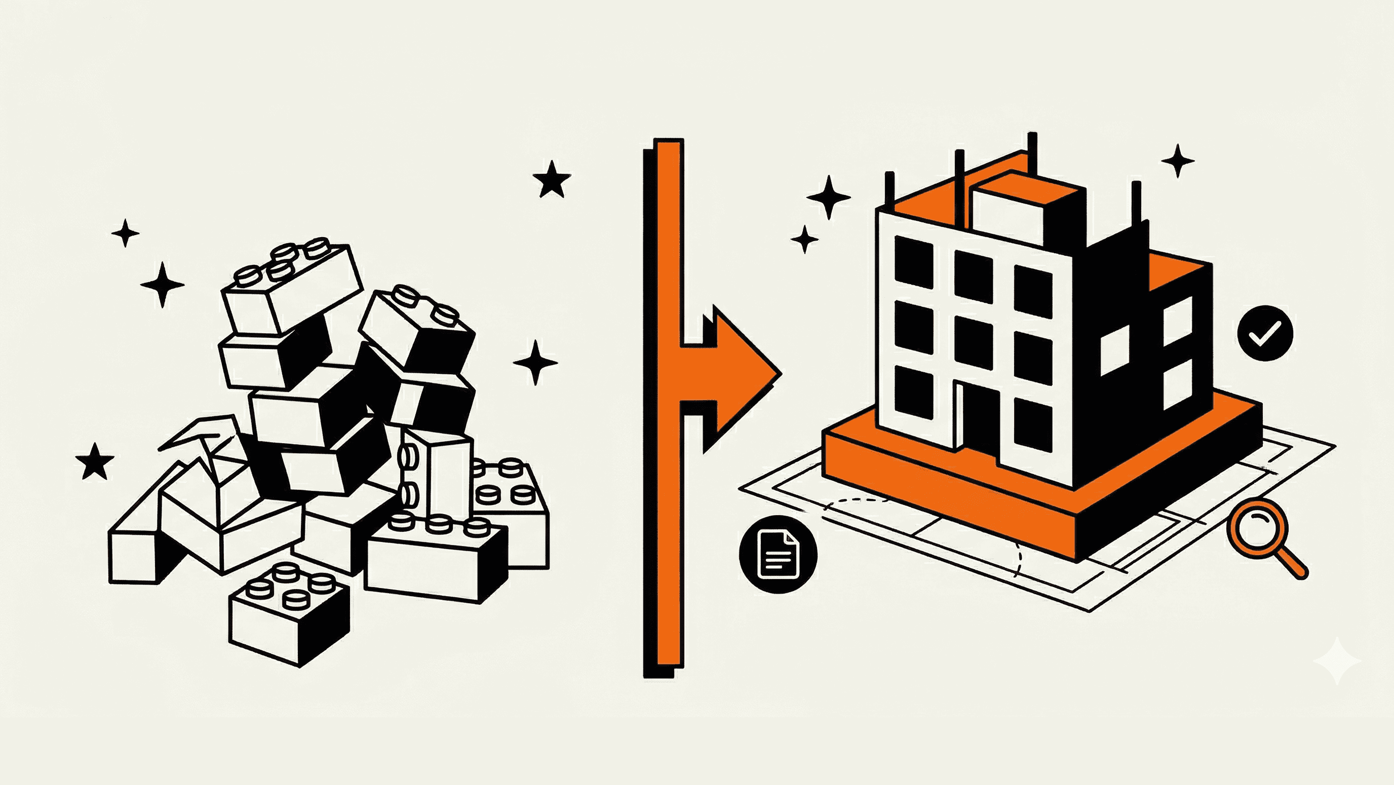 Ilustração: pilha de peças de Lego soltas à esquerda e, à direita, um prédio erguido sobre uma planta baixa